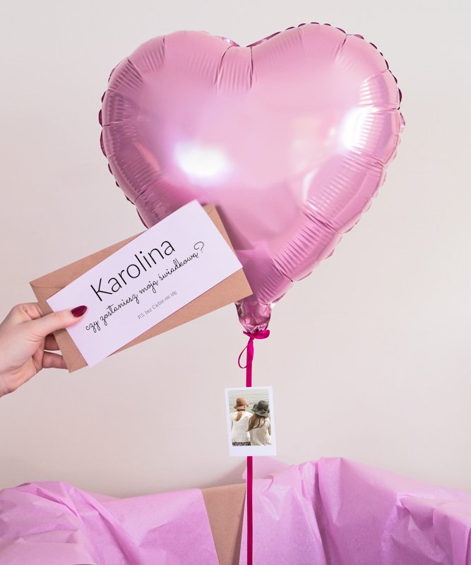 Balon różowe serce z helem w pudełku prezentowym – dla świadkowej