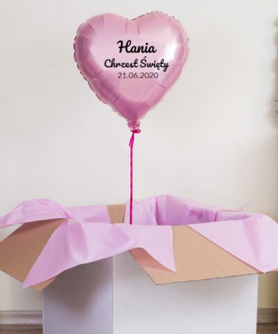 Różowy balon z helem w pudełku na Chrzest – Serce dla dziewczynki