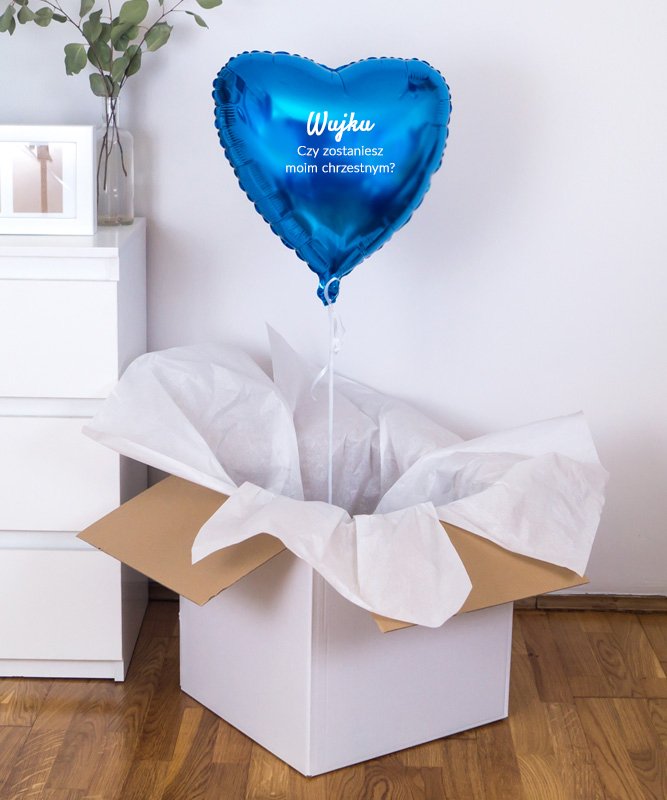 Prośba o bycie Ojcem Chrzestnym – niebieski balon z helem w pudełku