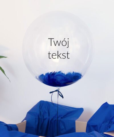 Balon gigant kula z helem, granatowymi piórkami oraz Twoim tekstem w pudełku