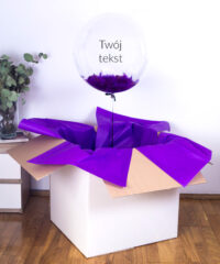 Fioletowy balon gigant kula z piórami i Twoim napisem w pudełku prezentowym