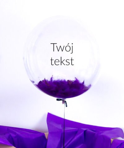Fioletowy balon gigant kula z piórami i Twoim napisem w pudełku prezentowym
