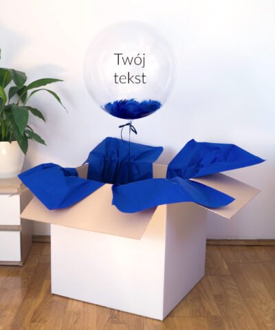 Balon gigant kula z helem, granatowymi piórkami oraz Twoim tekstem w pudełku