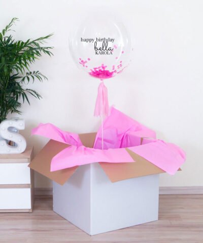 Balon gigant kula z różowym konfetti – Happy Birthday Bella + imię