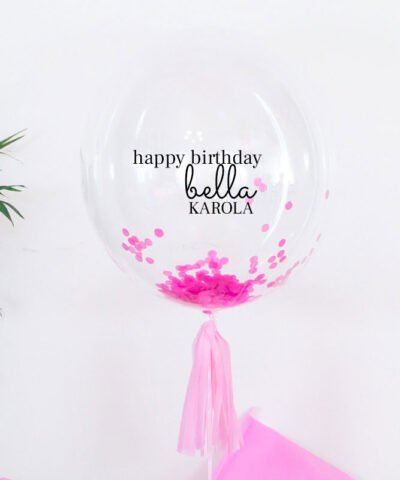 Balon gigant kula z różowym konfetti – Happy Birthday Bella + imię