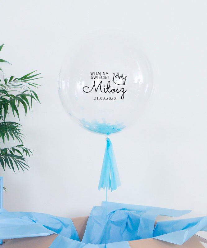 Balon kula z helem i konfetti dla chłopca – Pierwsze powitanie
