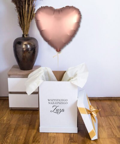 Balon złote serce z helem w pudełku na prezent – Wszystkiego Najlepszego