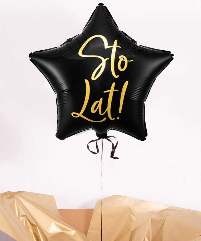 Balon czarna gwiazdka z helem na urodziny – Sto Lat