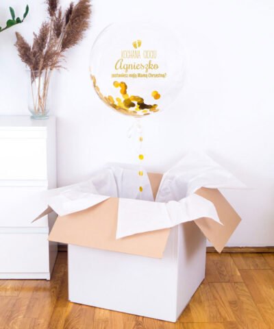 Pytanie o Matkę Chrzestna – balon xxl kula z helem i złotym konfetti