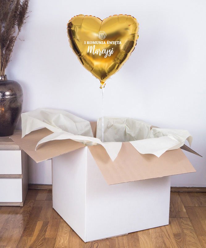 Balon serce złote na komunię z imieniem w pudełku