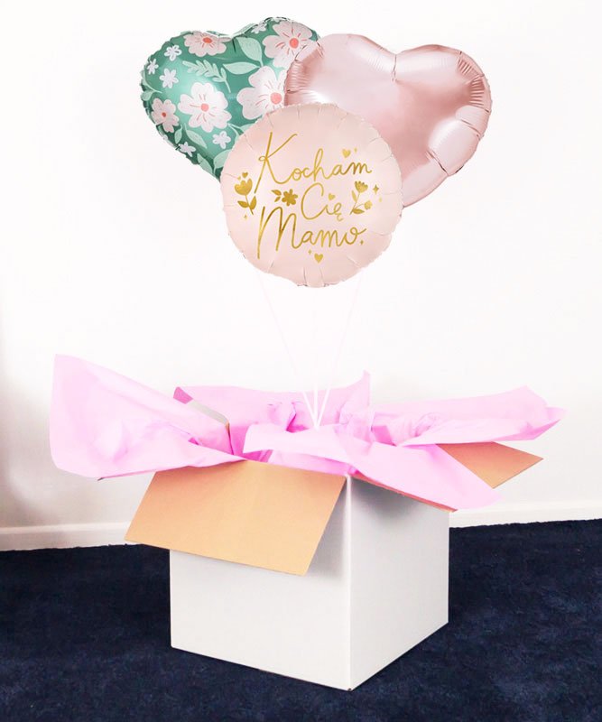 Zestaw prezentowy na Dzień Mamy – trzy balony z helem w pudełku
