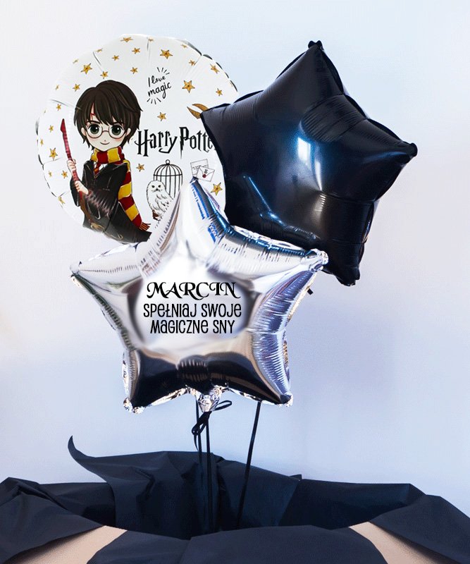 Harry potter prezent na urodziny – trzy balony wypełnione helem w pudełku