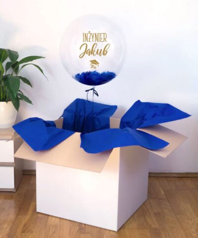 Prezent z okazji zakończenia studiów dla inżyniera – balon xxl kula z granatowymi piórkami