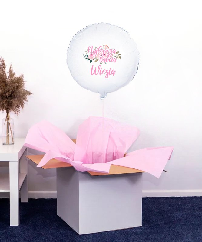 Personalizowany prezent dla Babci - balony w pudełku 'Różowe Kwiaty'