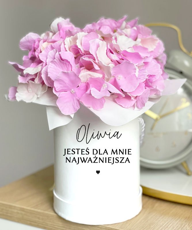 Flower box z personalizacją – Różowe Hortensje Najważniejsza