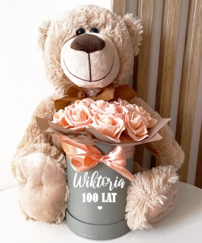 Zestaw prezentowy na urodziny – Miś + personalizowany flower box