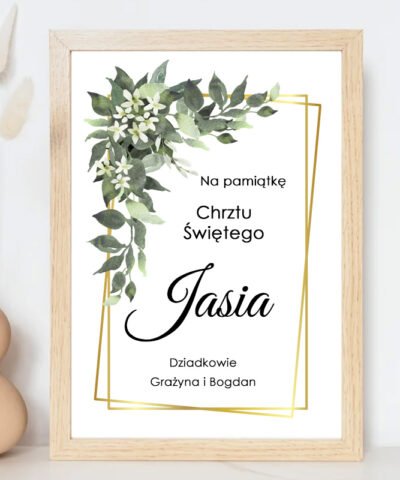 Plakat personalizowany na Chrzest Święty – Zielone Listki