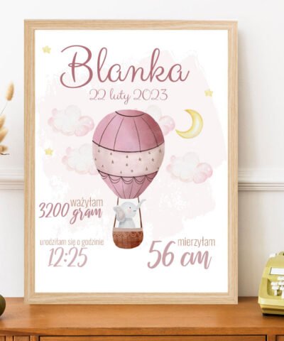 Personalizowana metryczka na prezent dla noworodka – BALON ZE SŁONIKIEM