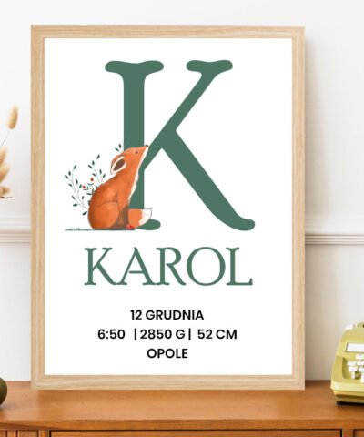 Metryczka na prezent dla dziecka z imieniem – Lisek