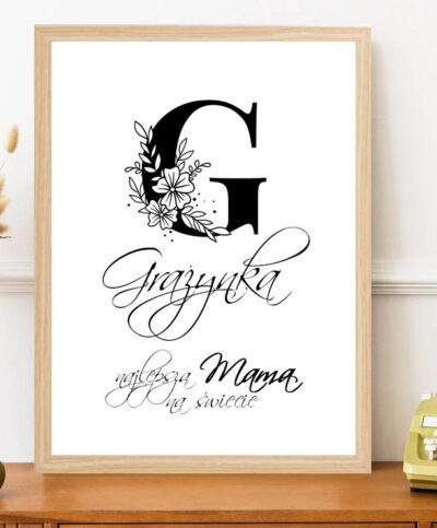 Pomysł na prezent dla mamy – Plakat w ramie z jej imieniem KWIATY