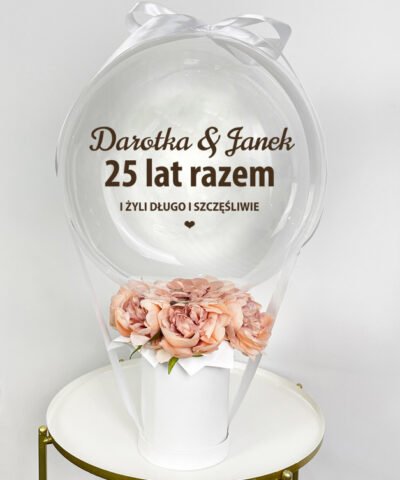 Prezent na rocznicę ślubu – Flower box z balonem DŁUGO I SZCZĘŚLIWIE