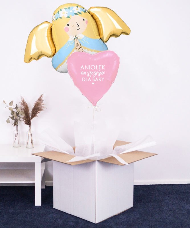 Prezent na szczęście w pudełku – balony ANIOŁEK dla dziewczynki
