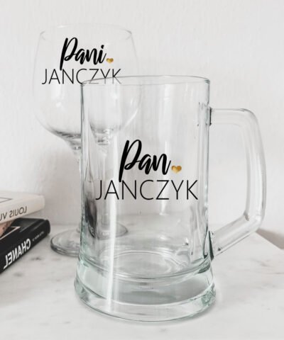 Elegancki zestaw prezentowy dla pary – kufel i kieliszek Pan i Pani