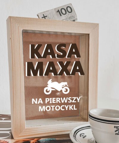 Prezent na urodziny – skarbonka z personalizacją NA PIERWSZY MOTOCYKL