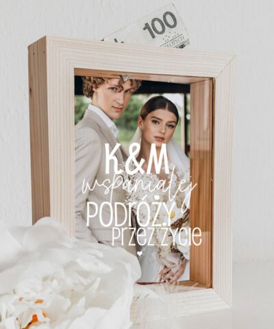 Skarbonka na ślub w ramie 3D z personalizacją- WSPANIEŁEJ PODRÓŻY