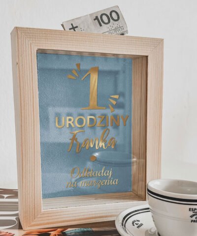Skarbonka na roczek dla chłopca z personalizacją BLUE