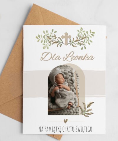 Kartka na chrzest święty z imieniem i zdjęciem dziecka BOHO