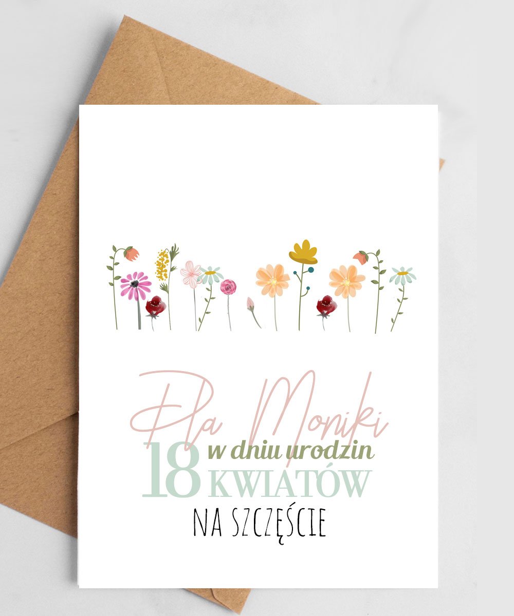 Kartka na 18 urodziny z personalizacją – 18 kwiatów