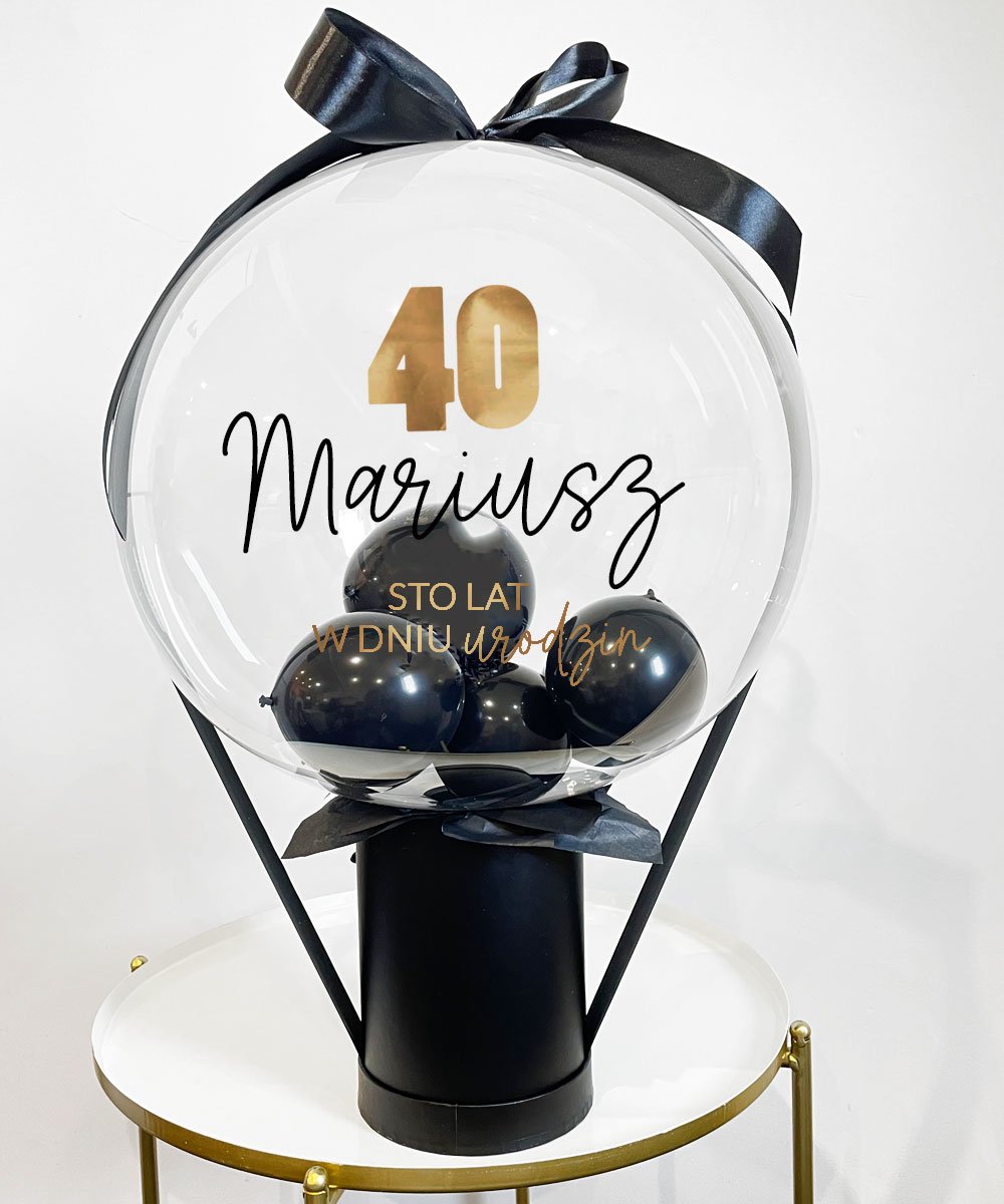 Czarny balon box na prezent 40 urodziny – ZŁOTA czterdziestka