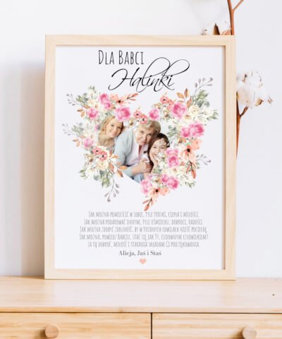 Plakat w ramie dla Babci ze zdjęciem na prezent – KWIATOWE życzenia