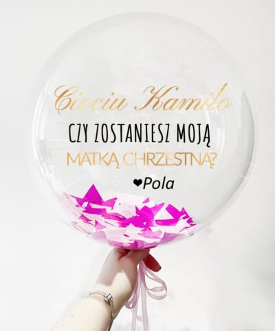 Balon wyskakujący z pudełka różowy PROŚBA O BYCIE MATKĄ CHRZESTNĄ