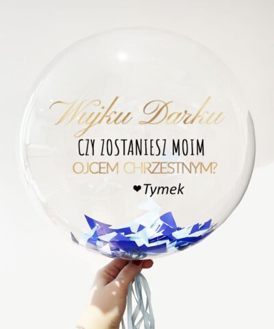 Balon wyskakujący z pudełka różowy PROŚBA O BYCIE OJCEM CHRZESTNYM