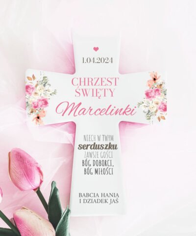 Ramka KRZYŻ z personalizacją na chrzest dla dziewczynki KWIATY