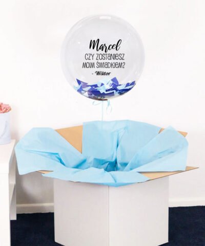 Balon wyskakujący z pudełka z helem PROŚBA O BYCIE ŚWIADKIEM BLUE