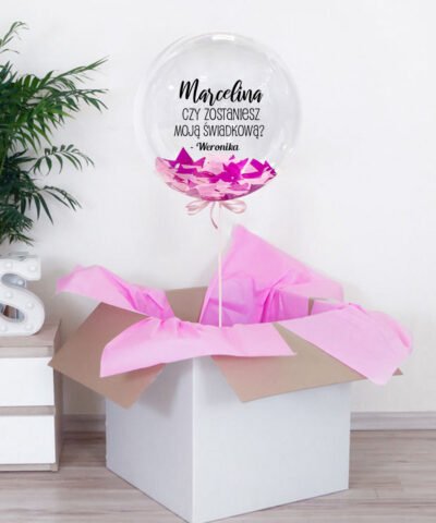 Balon wyskakujący z pudełka z helem PROŚBA O BYCIE ŚWIADKOWĄ PINK