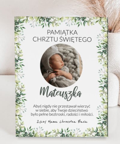 Ramka na chrzest ze zdjęciem dziecka na prezent EUKALIPTUS