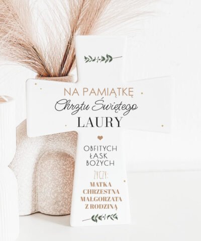 Prezent od Matki Chrzestnej na chrzciny z personalizacją RAMKA KRZYŻ GROSZKI