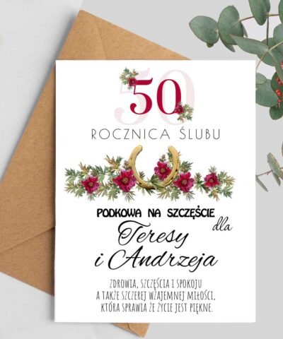 Elegancka kartka na rocznicę ślubu PODKOWA