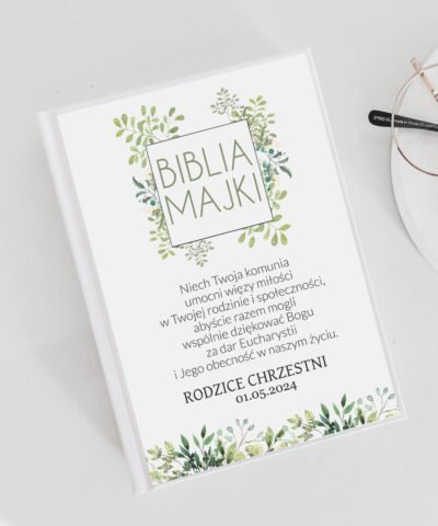 Biblia na I Komunię Świętą z imieniem dziecka + podpis Eukaliptus