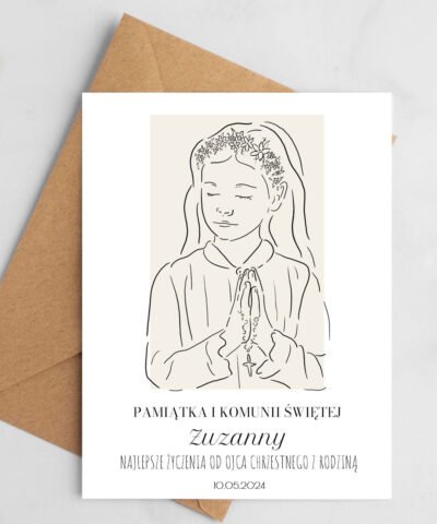 Kartka na I Komunię Świętą dla dziewczynki z personalizacją RYSUNEK