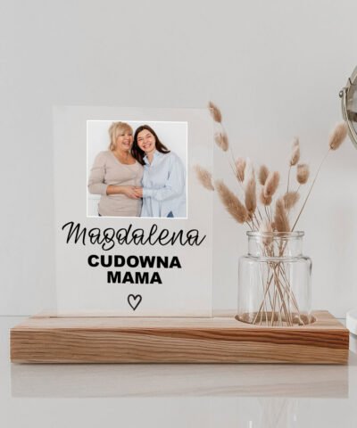 Pamiątkowy zestaw prezentowy dla mamy Ramka w drewnie z wazonem