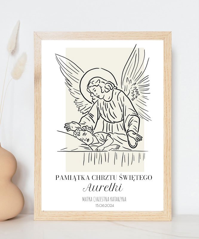 Anioł Stróż na Chrzest dla dziecka Obraz w ramie z imieniem