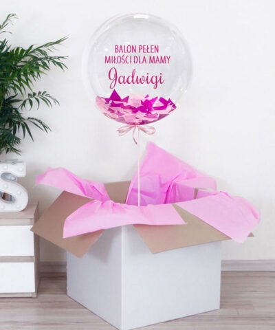 Balon wyskakujący z pudełka dla Mamy Kula xxl z różowym konfetti + imię