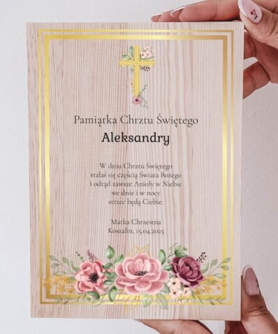 Drewniany BLOK RAMKA prezent na chrzest z imieniem – ZŁOTY KRZYŻ