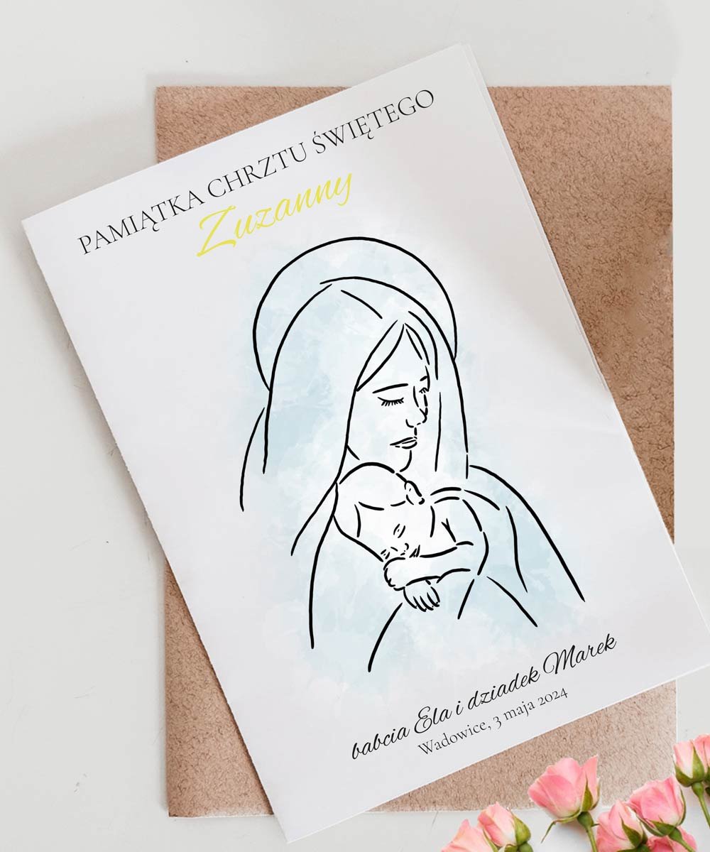 Pamiątkowa kartka na chrzest święty z personalizacją – Matka Boska