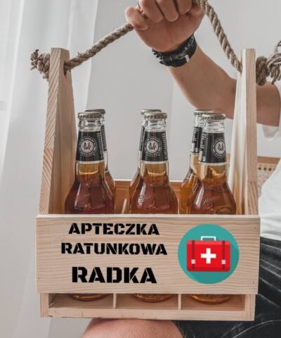Drewniana skrzynka na piwo z nadrukiem na prezent dla męża – Apteczka